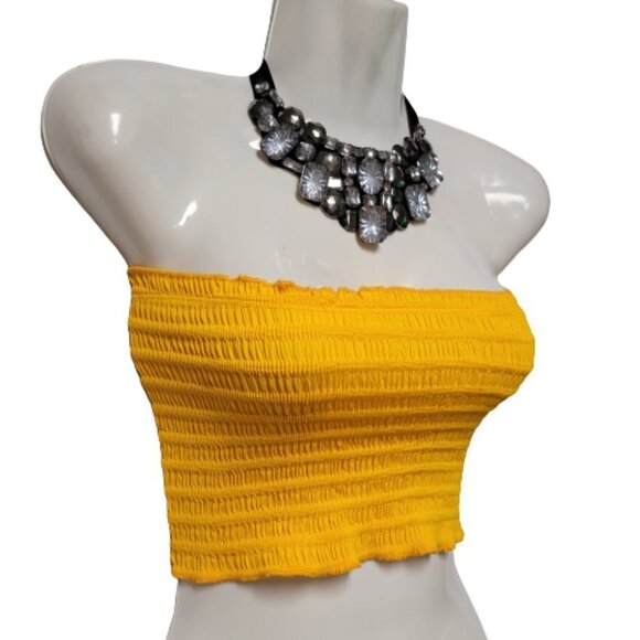 Yellow Sexy Crop Top Strapless Tube Top Smocked Stretchy Summer Bandeau - NEW - Picture 2 of 10